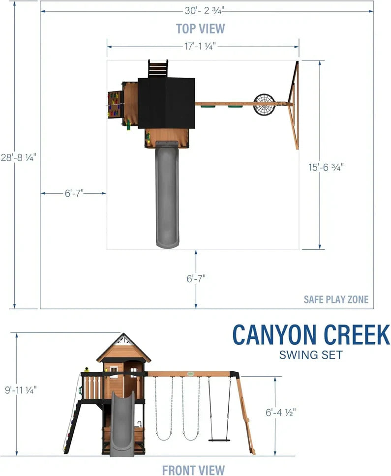 Backyard Discovery Canyon Creek Cedar Wood Swing Set with Wave Slide, Clubhouse, Play Kitchen, Picnic Area, Belt Swings, Web Swing, Rock Wall, Balconies, Playhouse, Step Ladder, Outdoor Playset