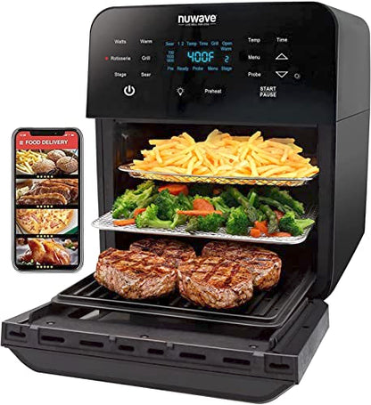 Nuwave Brio Air Fryer Oven, 15.5Qt X Large Family Size, SS Rotisserie Basket &Skewer Kit, Reversible Ultra Non Stick Grill/Griddle Plate, Powerful 1800W, Integrated Smart Thermometer,Black : Home & Kitchen