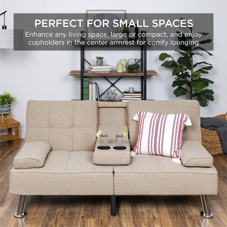 Best Choice Products Linen Upholstered Modern Convertible Folding Futon Sofa Bed for Compact Living Space, Apartment, Dorm, Bonus Room w/Removable Armrests, Metal Legs, 2 Cupholders - Gray