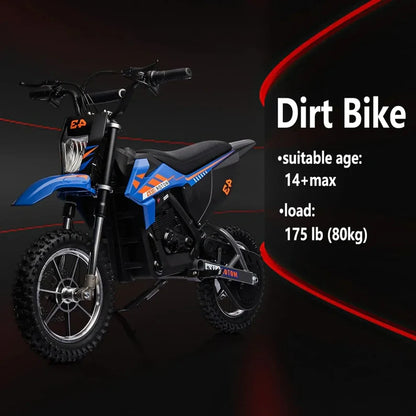 36V Kids Electric Dirt Bike, 36V, 350W, 15.5MPH, LED, 175lbs Max – Blue