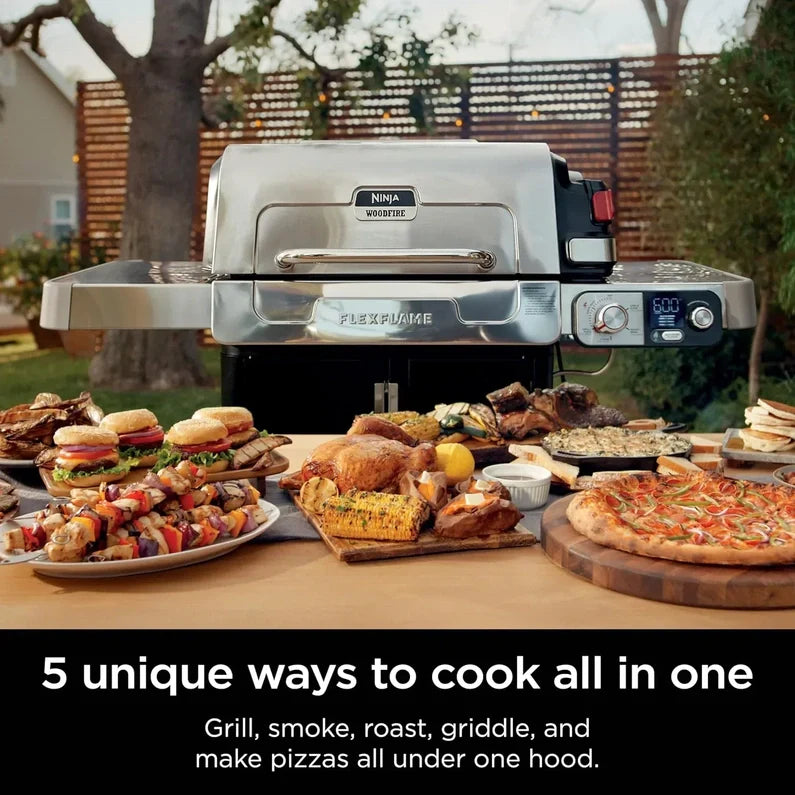 Ninja FlexFlame, Grill and Smoker, Electric and Propane Grill, Roaster, BBQ Grill, 5-in-1 Cooking System, 3 Burner, Digital Control, Outdoor Cooking, Griddle, Pizza Maker, Stainless Steel, PG301
