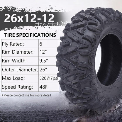 26x12x12 Atv Tires, Set of 2 Atv Tires 26x12-12 6PR, All Terrain Atv/Utv Off-Road Tires, Black