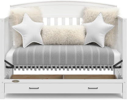 5-in-1 Convertible Baby Bed (with drawers, white) - Green Guardian Gold Certification, built-in baby bed storage drawer, convertible to toddler bed, day bed and full-size bed