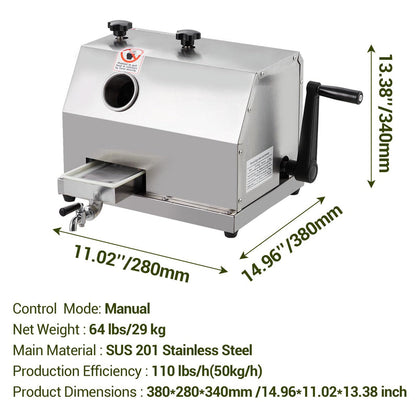 Manual Sugar Cane Juicer Machine, Sugar Cane Press with 3 Stainless Steel Drums and 2.4-inch Large Inlet, Sugarcane Juice Machine with 110LBS/H, Suitable for Home/Commercial Use