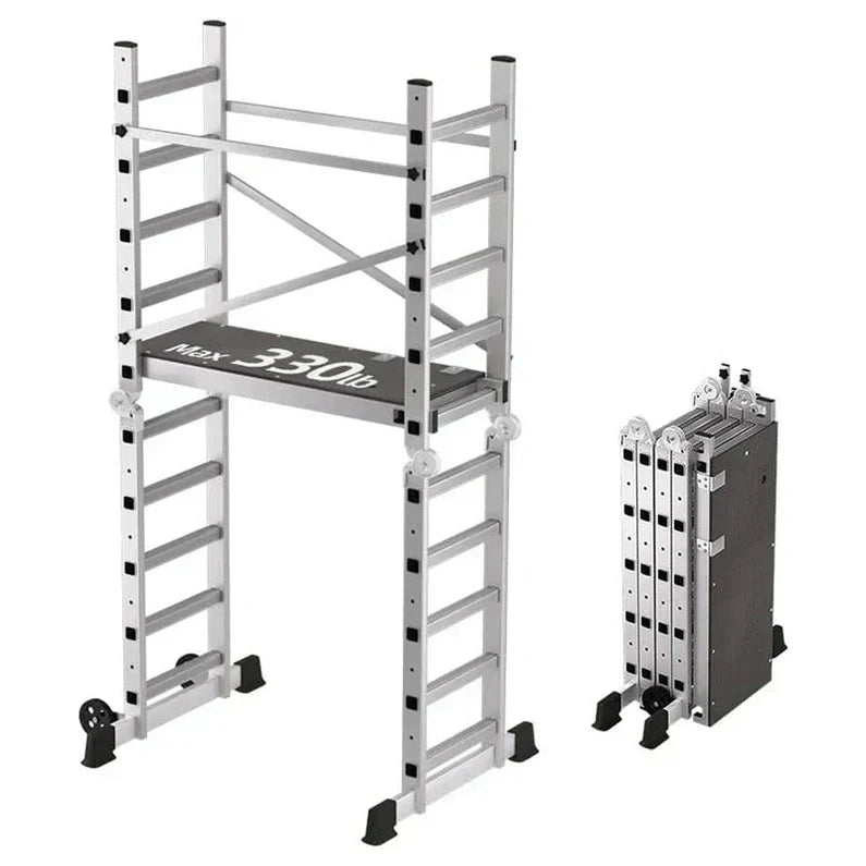 Foldable Scaffolding Ladder, Multipurpose Rolling Work Platform, Scaffold Tower, Ladder Stool Bench, Adjustable Platform, 330 Lbs Duty Rate