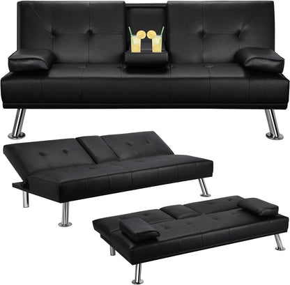 Yaheetech Convertible Sofa Bed Adjustable Couch Sleeper Modern Faux Leather Home Recliner Reversible Loveseat Folding Daybed Guest Bed, Removable Armrests, Cup Holders, 3 Angles, 772lb Capacity, Black