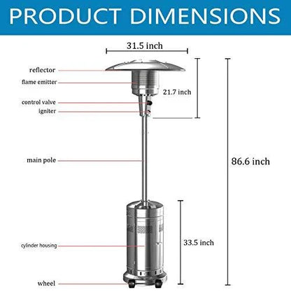 2 Set 48,000-BTU Umbrella Patio Propane Heater with Wheels,Stainless Steel Patio Heater,Stainless Steel Floorstanding Liquid Propane Heater Outdoor Patio,Patio Heater Standing Outdoor (Color:Silver)