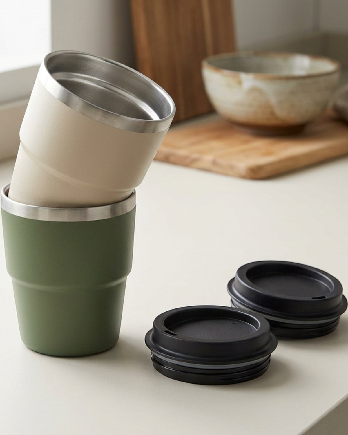 Skvhgx Stackable Vacuum Low Cup Set 10 oz x 2 Moss Oatmeal - Lifestyle view